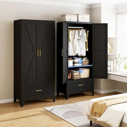 71" Metal Armoire Wardrobe Closet with 1 Drawer, Steel Wardrobe Cabinet with Adjustable Shelves & Hanging Rod and 2 Doors, Black Clothing Storage Cabinet for Bedroom