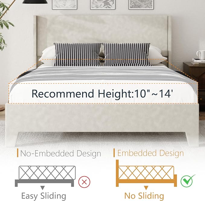 Queen Bed Frame with Faux Leather Upholstered Headboard, Wear-Resistant, Easy Clean, Mattress Foundation, No Box Spring Required, Easy Assembly, Beige