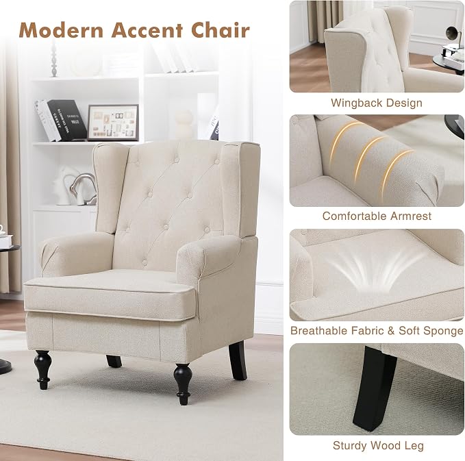 Accent Chair Set of 2, Mid Century Modern Fabric Wingback Chair, Upholstered Armchair with High Back and Vintage Legs, Comfy Single Sofa Side Reading Chair for Living Room Bedroom, Khaki