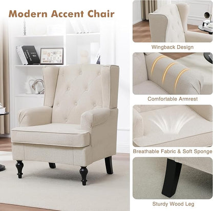 Accent Chair for Living Room, Mid Century Modern Upholstered Armchair, Wingback Chair with Tufted High Back and Solid Legs, Comfy Single Sofa Side Chairs for Bedroom, Khaki
