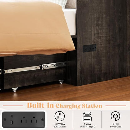 AMERLIFE Twin Murphy Bed Cabinet with Charging Station and Storage Drawer, Farmhouse Foldable Platform Bed for Home Office, Apartment, Small Spaces, Black Oak