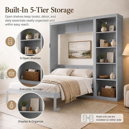 Queen Murphy Bed Cabinet with Storage, Wall Bed with Five-Layer Cabinet, Murphy Cabinet Hidden Bed, Space Saving Cabinet Bed with Dual Piston Mechanism for Apartment, Guest Room, Office (Gray 5)