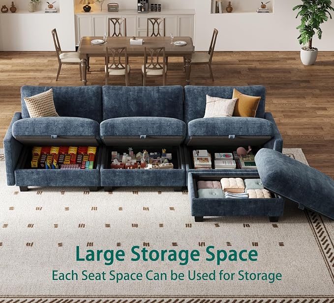Modular Sectional L Shaped Sofa Couches for Living Room, Cloud Couch with Storage Ottoman, Comfy Chenille Sofa with Pillow, Blue