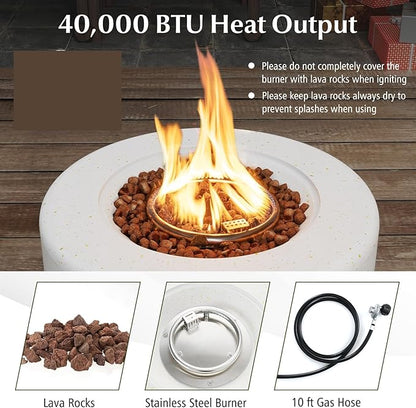Tangkula Propane Fire Pit Table, 25.5” Round Terrazzo Gas Fire Pit with Stainless Steel Burner & Lava Rocks, Protective Cover & Tank Seat Included, 40,000 BTU Smokeless Fire Pit for Outside Patio