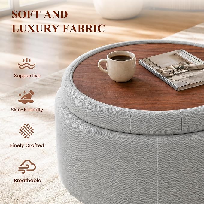 25Inch Round Ottoman with Storage, Tufted Fabric Modern Circle Ottoman with Reversible Tray Lid and Wood Legs, Multi-Functional Small Coffee Table for Living Room, Bedroom, Gray