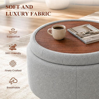 25Inch Round Ottoman with Storage, Tufted Fabric Modern Circle Ottoman with Reversible Tray Lid and Wood Legs, Multi-Functional Small Coffee Table for Living Room, Bedroom, Gray