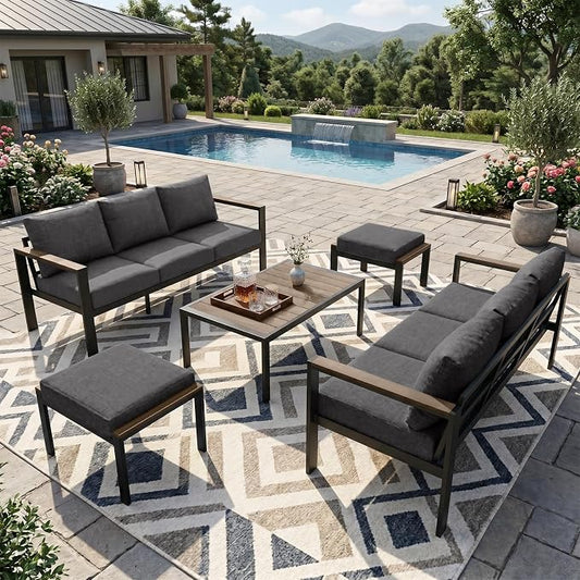 Patio Furniture Set 8 Seats and Coffee Table, Patio Conversation Set with Washable Thick Cushions, Deluxe Aluminum Modern Outside Sectional for Porch, Balcony, Deck, Yard, Dark Gray