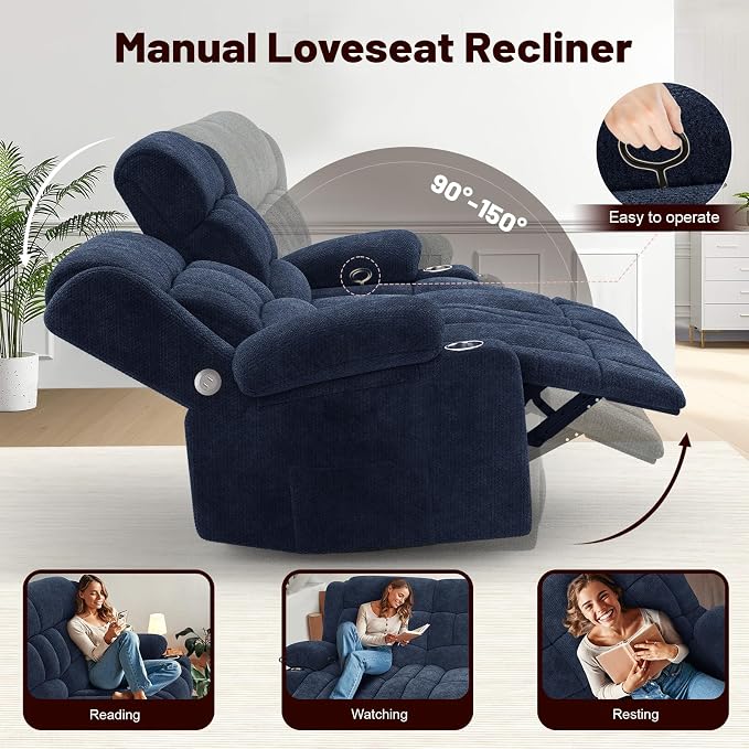 Loveseat Recliner Sofa, 2 Seater Minimalist Style Fabric Manual Pull Tab Reclining Loveseat with USB Charge Ports, Cup Holders, Recliner Love Seat Couches for Living Room, RV, Blue