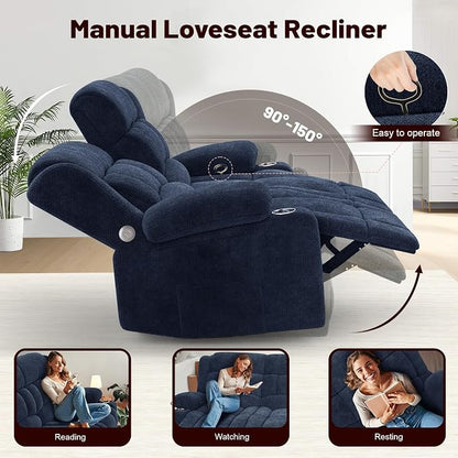 Loveseat Recliner Sofa, 2 Seater Minimalist Style Fabric Manual Pull Tab Reclining Loveseat with USB Charge Ports, Cup Holders, Recliner Love Seat Couches for Living Room, RV, Blue