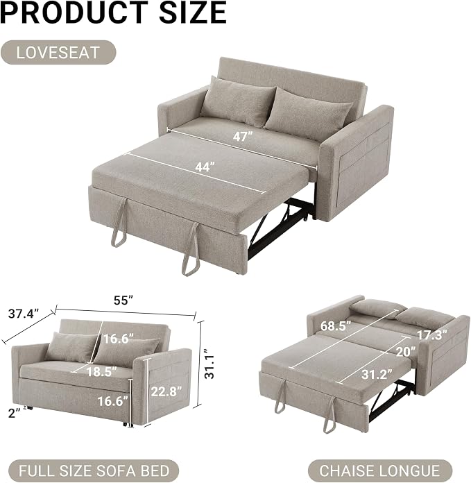 55.5" Fabric Convertible Sofa Bed, Pull Out Sleeper Sofa Bed, Loveseat Couch with Side Pocket, 3 in 1 Convertible Sleeper Sofa Bed for Living Room, Apartment, Bedroom, RV, Light Grey