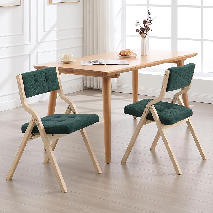 4-Pack Folding Dining Chairs with Cushion,Padded Foldable Dining Chairs,Portable Wooden Folding Chairs with Tufted Buttons Seat for Dining Rooms Kitchen Wedding and Party Indoor Green