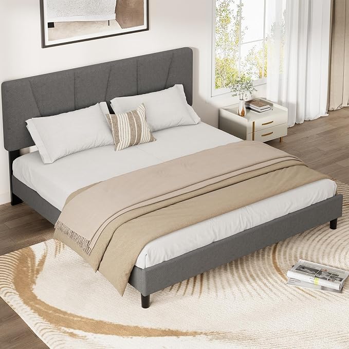 GarveeHome King Size Bed Frame with Upholstered Headboard, Modern Fabric Platform Bed Frame with Wooden Slat Support, Adjustable Headboard, No Box Spring Needed, Noise-Free, for Bedroom