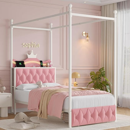 Keyluv Twin Size Upholstered LED Canopy Bed Frame with Charging Station and Drawer, Button Tufted Crown Headboard with Storage Shelf, Two-Purpose Removable Four Poster Design Platform Bed, Pink