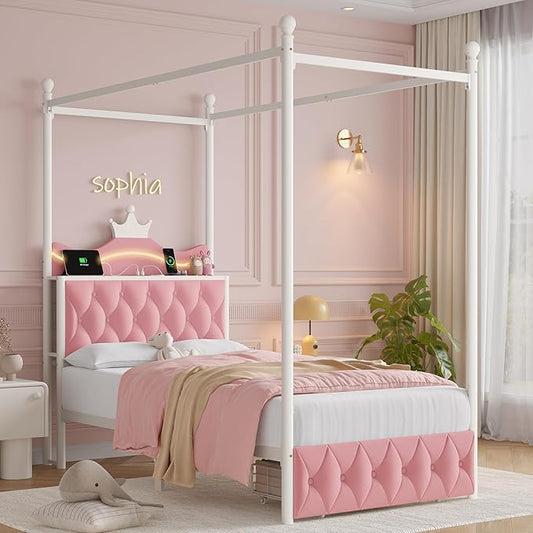 Keyluv Twin Size Upholstered LED Canopy Bed Frame with Charging Station and Drawer, Button Tufted Crown Headboard with Storage Shelf, Two-Purpose Removable Four Poster Design Platform Bed, Pink