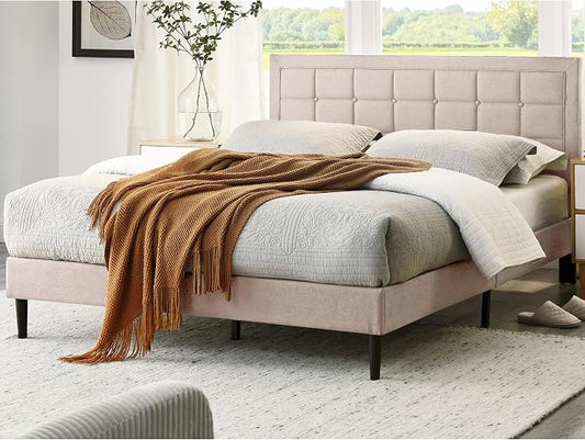 Decoro Mornington Upholstered 2.0 Platform Bed, Button-Tufted Fabric Headboard and Metal Frame with Wood Slat Support, Linen, King