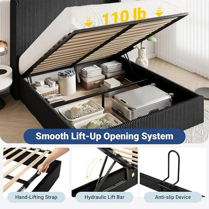 Allewie Queen Size Lift-Up Storage Bed Frame with Modern Wingback Headboard, Corduroy Upholstered Platform Bed, Hydraulic Gas Lift Support, Underbed Storage, Wooden Slats, No Box Spring Needed, Black