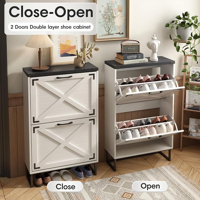 Maupvit 24" W Farmhouse Shoe Cabinet Storage for Entryway, Freestanding Organizer with 2 Flip Drawers, Narrow Shoe Rack Cabinet with Metal Corner Decoration, White