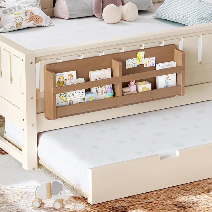 Bellemave Queen Kids Montessori Bed with Stairs, Bookshelf and Trundle, Solid Wood Kids Bed Frame with Storage for Boys Girls, Low Profile,Beige