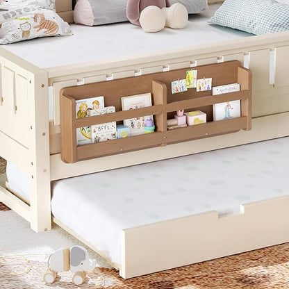 Bellemave Queen Kids Montessori Bed with Stairs, Bookshelf and Trundle, Solid Wood Kids Bed Frame with Storage for Boys Girls, Low Profile,Beige