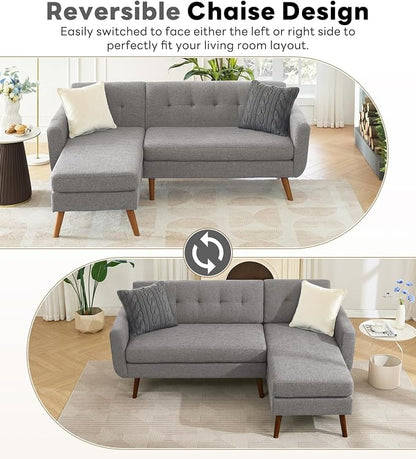 Kingfun L Shaped Couch, 80" W Mid-Century Modern Sofa, Sectional Couches, 3 Seater Sofas with Wide Chaise Lounge, Button Tufted Upholstered Sectional Sofa for Living Room, Bedroom, Gray