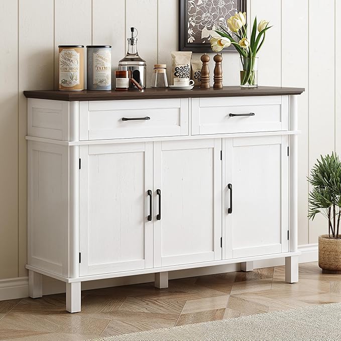 ONBRILL 55 Inch Buffet Cabinet with Storage, Farmhouse Sideboard Buffet w/2 Drawers and 3 Doors, Wood Coffee Bar Cabinet with Adjustable Shelves, Sideboard Storage for Kitchen, Living Room, Off White