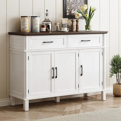 ONBRILL 55 Inch Buffet Cabinet with Storage, Farmhouse Sideboard Buffet w/2 Drawers and 3 Doors, Wood Coffee Bar Cabinet with Adjustable Shelves, Sideboard Storage for Kitchen, Living Room, Off White
