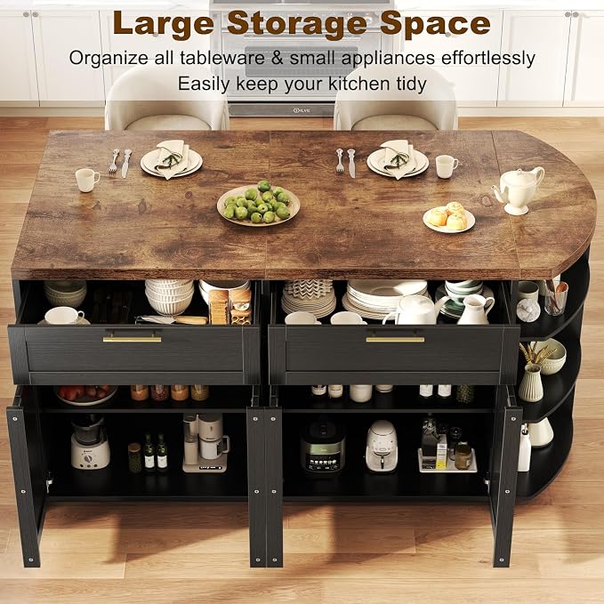 HSH 63 Inch Large Kitchen Island with Storage and Seating, Rustic Brown | Stationary Island Table with Storage Drawers, Cabinets, Oval Open Shelves, Wood Counter Prep Island for Kitchen Dining Room