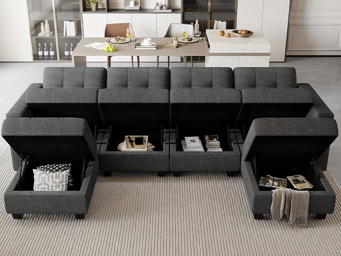 Belffin Reversible Storage Modular U-Shape Sectional Sofa Couch with Double Chaises Modular Sectional Sofa Set with Ottomans Fabric Dark Grey