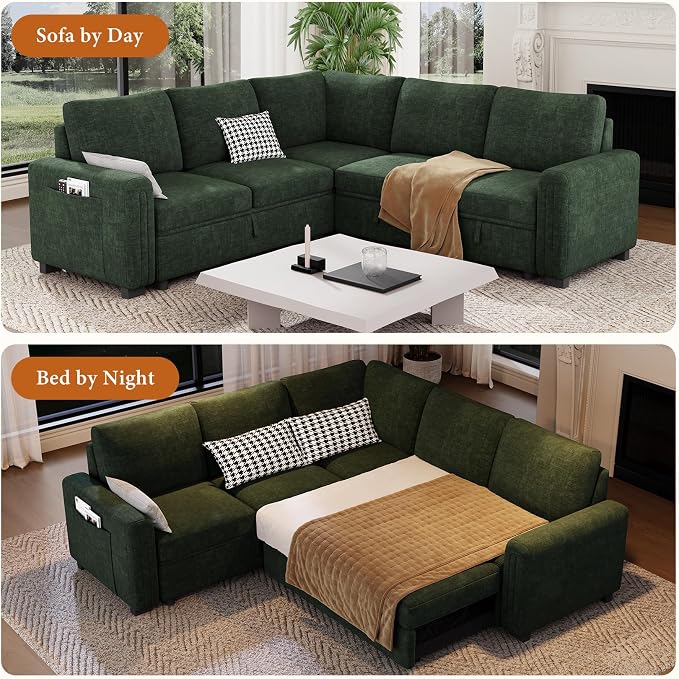Vesgantti 88.4" Sectional Sleeper Sofa with Pull Out Bed, 5 Seater L Shaped Modular Sectional Couch with Storage, Comfy Chenille Modular Couch for Living Room, Bedroom, Apartment, Green