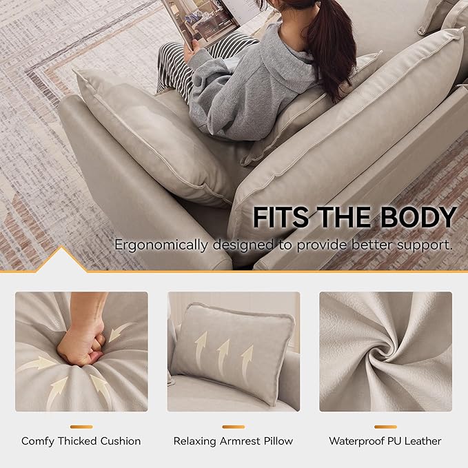 111'' Sectional Cloud Deep Seat Couch, Oversized Leather U Shaped Sectional Sofa for Living Room Set, Comfy Upholstered Modular 5-Seats Sectional Sofa Couch with 2 Movable Ottoman, Leather Beige