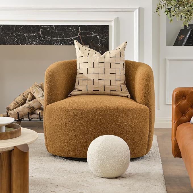 KINWELL 34" Wide Boucle Swivel Barrel Chair, No Assembly Round Upholstered Armchair Accent Chair Single Sofa Chair with Toss Pillow for Living Room and Bedroom, Brown