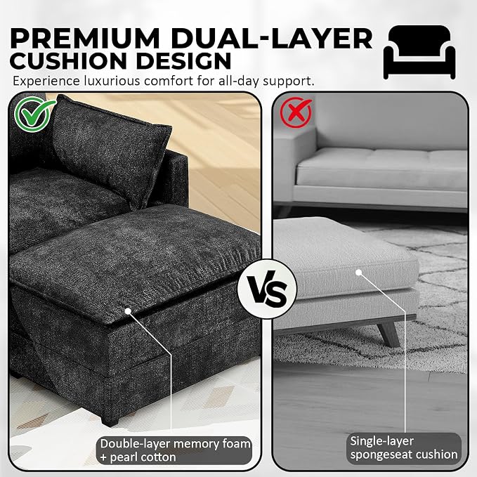 LEVELEVE 112.5" U-Shape Modular Sofa with 2 Ottomans, Deep Seat Cloud Convertible Sleeper, 2 Arm Pillows, Comfortable Upholstered Furniture for Living Room Apartment, Black