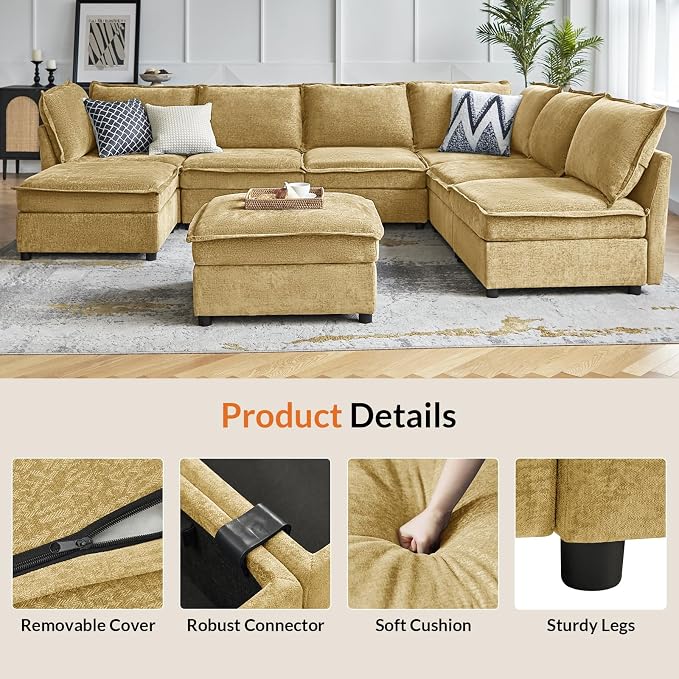 HULALA HOME Oversized Modular Sectional Sofa, 8 Seat U Shaped Couch with Storage Ottoman, Comfy Chenille Sofa with Deep Seat, Convertible Sectional Couches for Living Room, Cream
