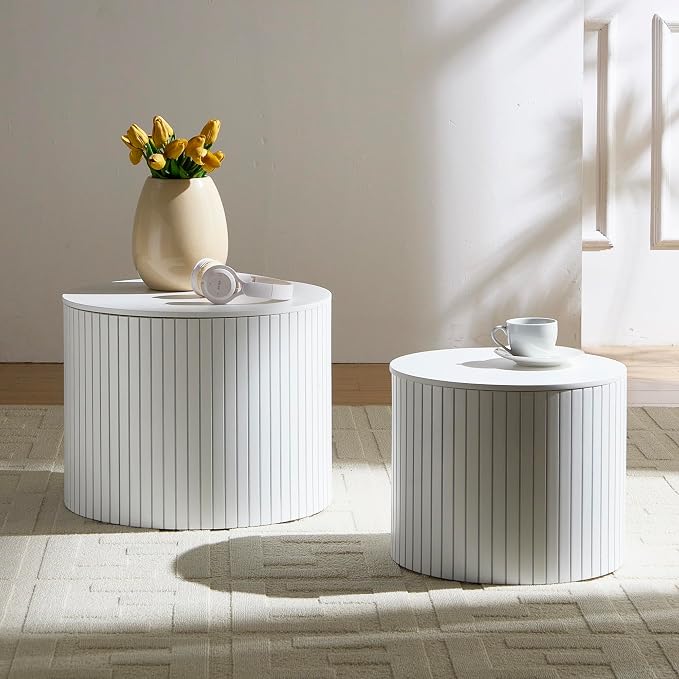 Nesting Coffee Tables Set of 2, Wooden Round Fluted Coffee Tables with Storage, Accent Drum Side Table, Luxury Modern Circle End Table for Small Spaces Living Room Bedroom Balcony Office, White