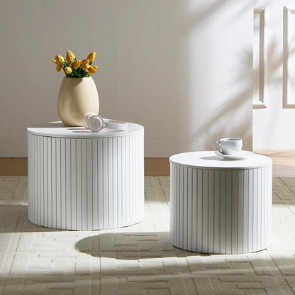 Nesting Coffee Tables Set of 2, Wooden Round Fluted Coffee Tables with Storage, Accent Drum Side Table, Luxury Modern Circle End Table for Small Spaces Living Room Bedroom Balcony Office, White