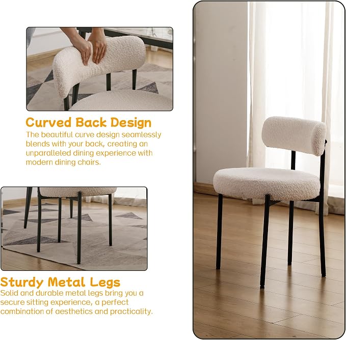 EDWELL White Dining Chairs Set of 4, Modern Dining Room Chairs with 3.94“ Cushions and Metal Legs, Round Upholstered Kitchen Dining Chairs, Ergonomic Backrest Boucle Chairs for Kitchen, Living Room