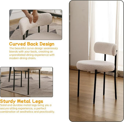 EDWELL White Dining Chairs Set of 2, Modern Dining Room Chairs Mid Century with 3.94" Cushions and Metal Legs, Round Upholstered Boucle Chairs for Kitchen, Living Room, Easy Assembly