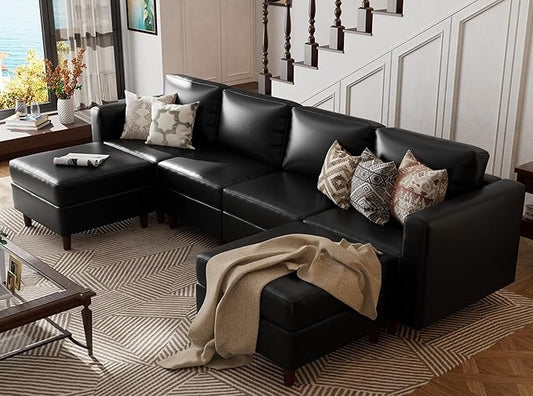 ABCASA Oversized Modular Sectional Sofa, 118.5" Faux Leather 6 Seater U Shaped Couch with Movable Ottoman and Storage Seat with Reversible Chaise Deep Seat for Living Room Black