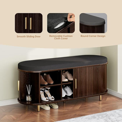 DHH 2-Tier Storage Bench,Wide Shoe Bench with Thickened Padded Seat Cushion, Mid Century Modern Fluted Sliding Door and Adjustable Shelf, for Entryway, Living Room, Bedroom (Dark Walnut, 43.3“)