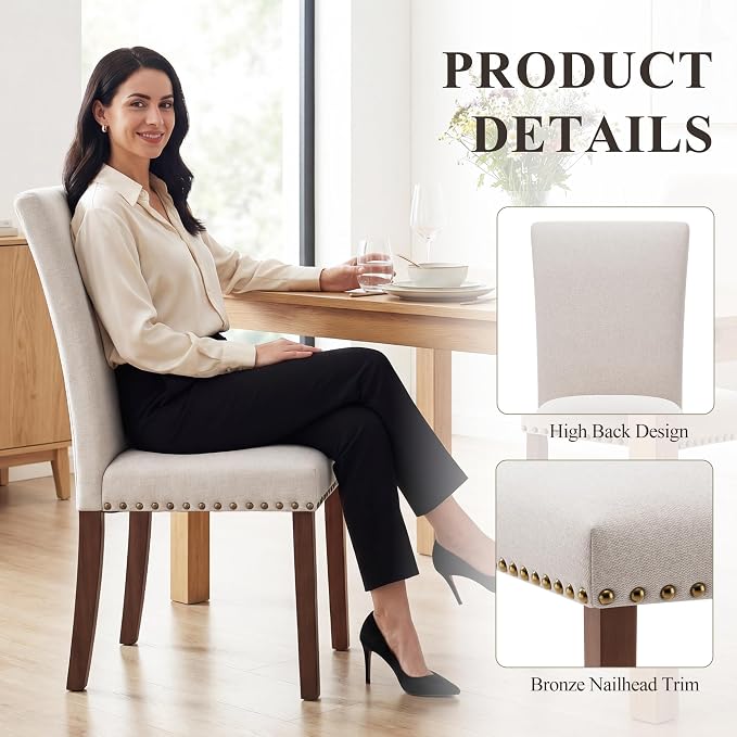 COLAMY Upholstered Dining Chairs Set of 4, Parsons Style Linen Beige Accent Chairs with High Back, for Round Kitchen Table or Small Dining Room – Comfortable & Stylish