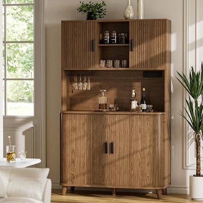 Lulive 71" Tall Pantry Cabinet with Rolling & Sliding Doors, 39" Wide Kitchen Storage Cabinet with Charging Station and Open Countertop, Modern Kitchen Pantry Cabinet for Dining Room, Walnut
