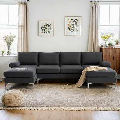 VINGLI 110" Modern Sectional Couch with 51" D Double Chaise, Dark Grey Deep Seat U Shaped Couch with Removable Pillows & Metal Legs, Comfy 4-Seat Sofas for Living Room, Linen Fabric