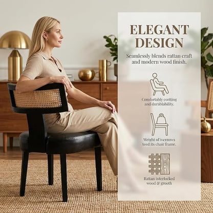 HNY Mid Century Modern Rattan Dining Chairs Set of 2, Farmhouse PU Leather Upholstered Accent Chair Curved Backrest Kitchen Chairs, with Black Hardwood Frame, Black