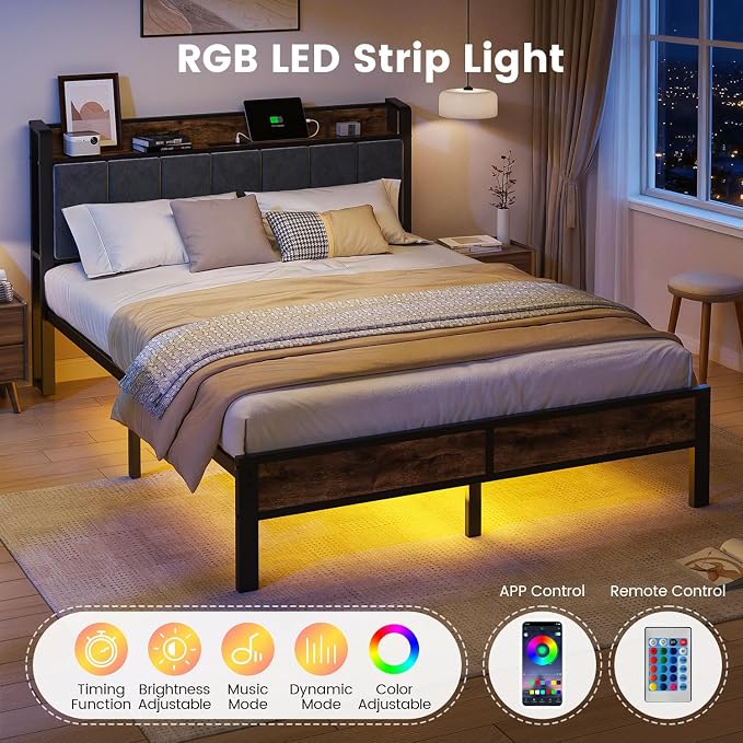 ALBERTO Queen Size Bed Frame with LED Lights, Upholstered Headboard with Storage and Charging Station, Metal Platform with Slats, No Box Spring Needed, Easy Assembly