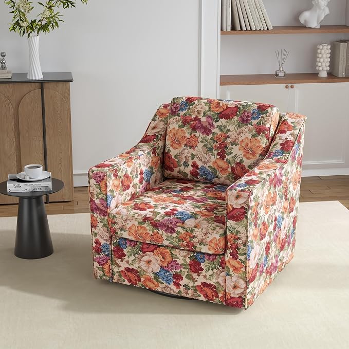 Swivel Accent Chair, 360° Swivel Upholstered Club Armchairs for Living Room, Comfy Fabric Single Sofa Reading Chair with Deep Seat, Metal Swivel Base, Beige Floral