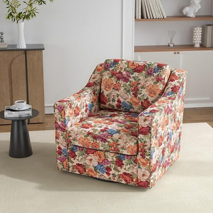 Swivel Accent Chair, 360° Swivel Upholstered Club Armchairs for Living Room, Comfy Fabric Single Sofa Reading Chair with Deep Seat, Metal Swivel Base, Beige Floral