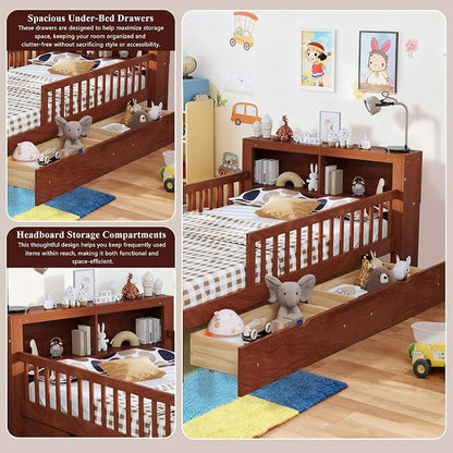 Bellemave Kids Twin Bed Frame with Fences, 2 Drawers & Storage Headboard, Twin Size Platform Bed with 3-Side Guardrails for Kids, Girls & Boys, Walnut
