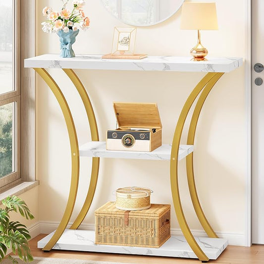 Hoctieon 3 Tier Console Table with Open Wood Shelves, Decorative Entryway Table with Curved Metal Frames, Narrow Sofa Table for Entrance, Living Room, Hallway, Gold and White Marbled