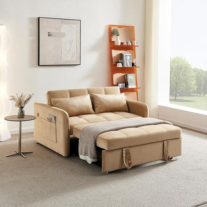 55.5" Velvet Convertible Sofa Bed, Pull Out Sleeper Sofa Bed, Loveseat Couch with USB Charging Ports, 3 in 1 Convertible Sleeper Sofa Bed for Living Room, Apartment, Bedroom, RV, Khaki