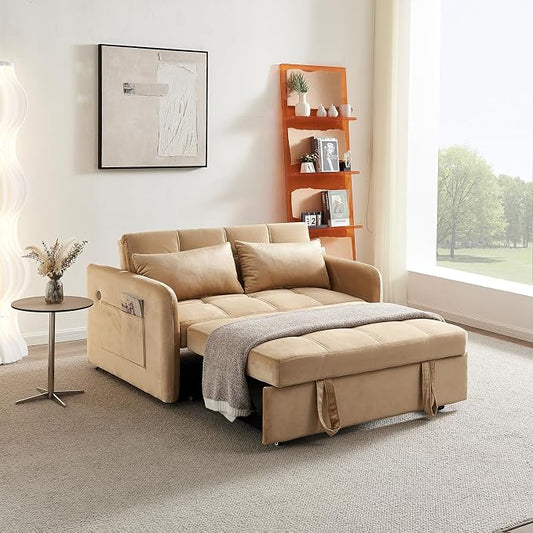 55.5" Velvet Convertible Sofa Bed, Pull Out Sleeper Sofa Bed, Loveseat Couch with USB Charging Ports, 3 in 1 Convertible Sleeper Sofa Bed for Living Room, Apartment, Bedroom, RV, Khaki
